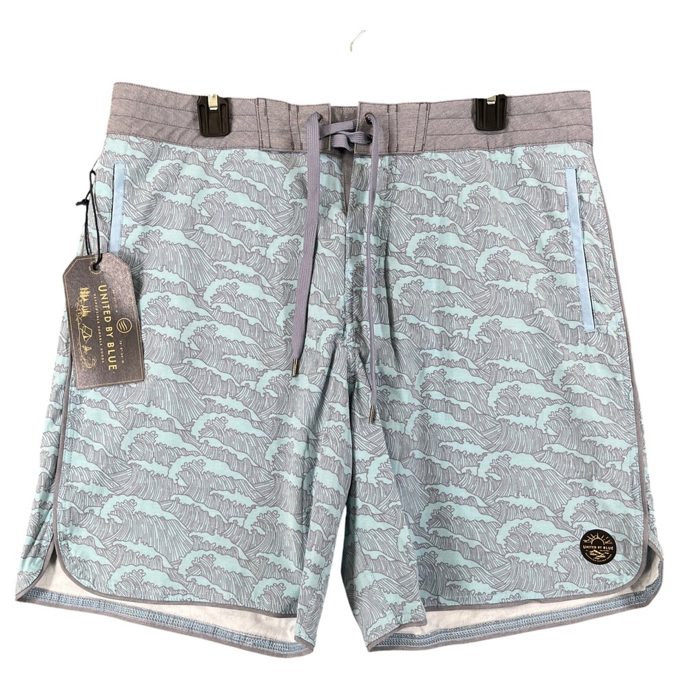 United By Blue Breakers Scallop Boardshort Mens 34 Wave Print Teal Surf Swim